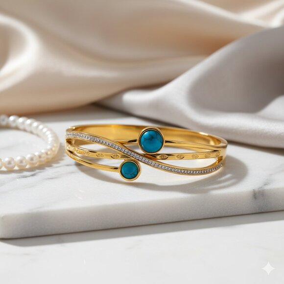 🆕️ Turquoise Serenity Bangle 18K Gold Plated Stainless Steel Boho Chic Jewelry - Picture 6 of 8